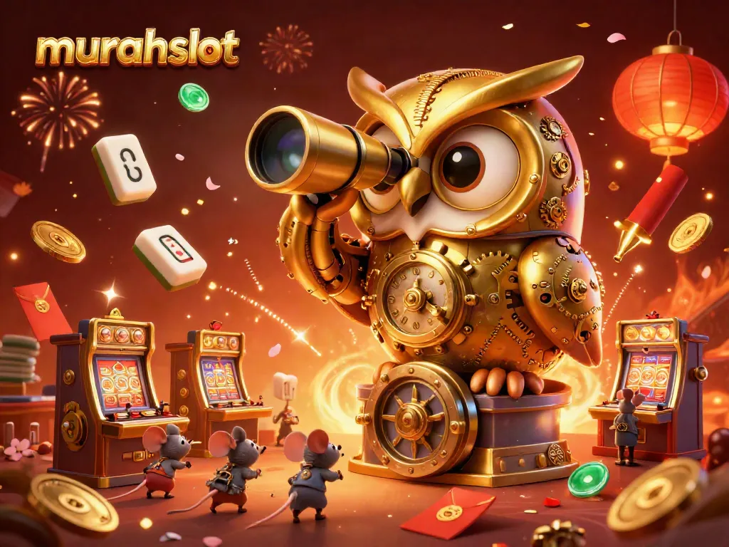 Experience excitement with murahslot featuring a golden clockwork owl and casino-inspired elements.