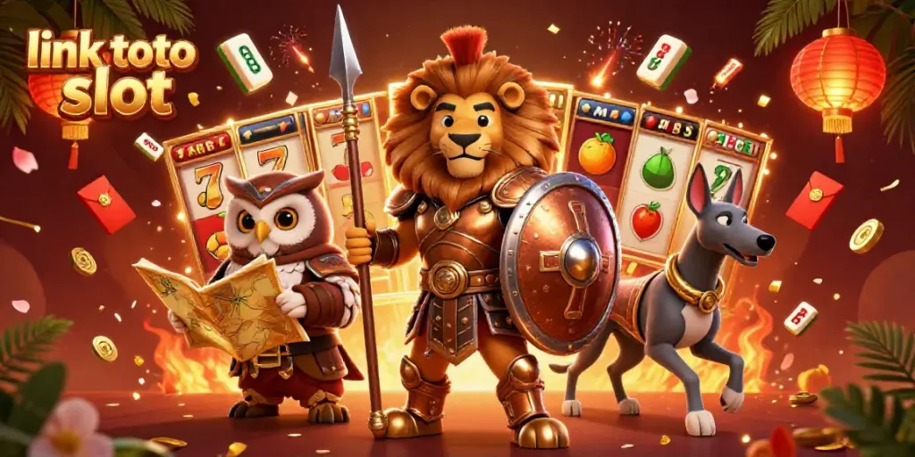 Menyemarakkan permainan slot dengan "link toto slot", singa Spartan, burung hantu strategis, dan anjing greyhound herald.