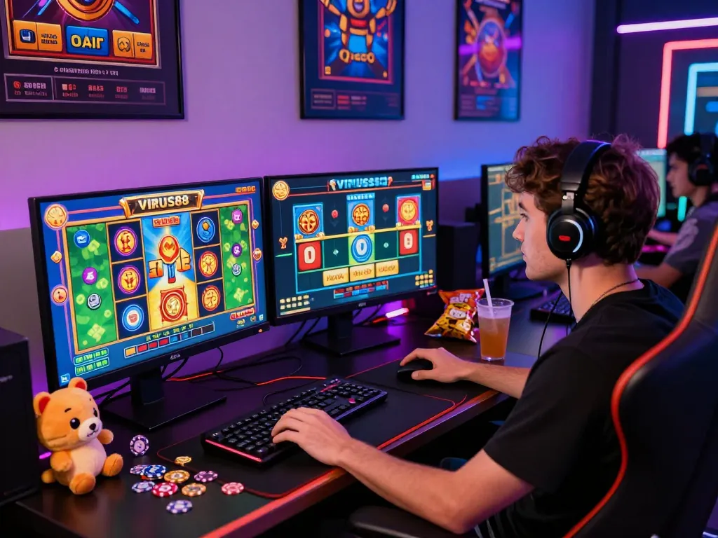 Pengguna yang terlibat memainkan permainan slot VIRUS88 dalam pengaturan permainan yang cerah dengan dua monitor.