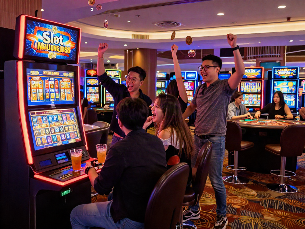 Exciting casino scene with players celebrating around Slot MAHJONGJP88 machine, vibrant lights and cheerful atmosphere