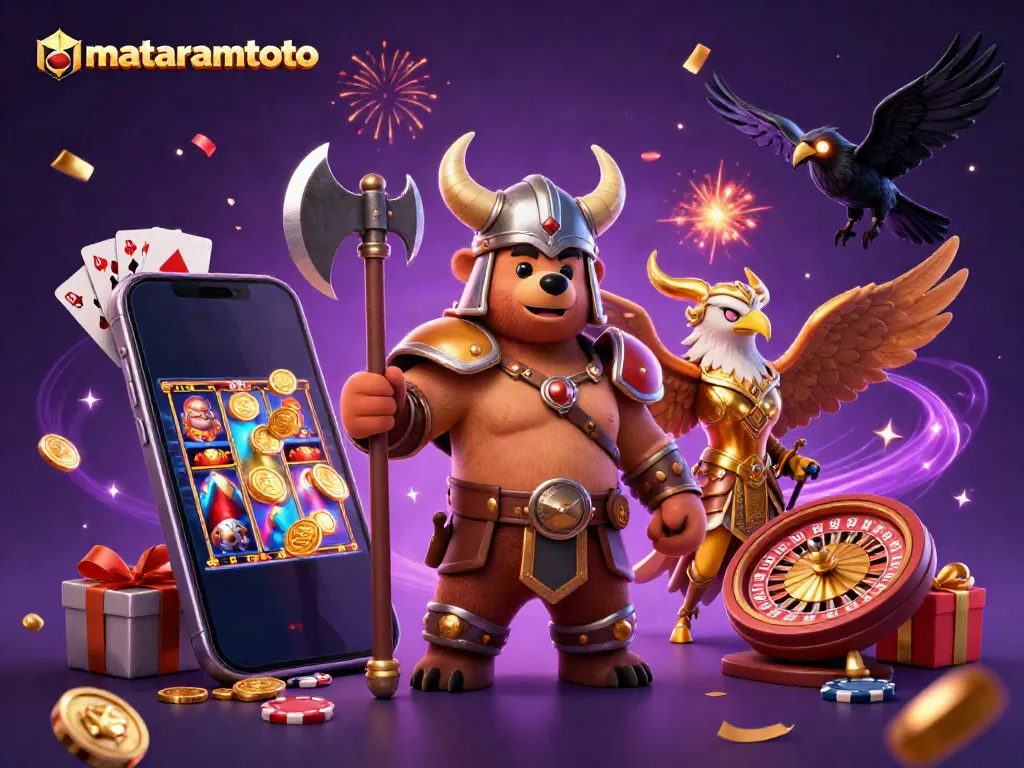 Engage with thrilling gaming action at mataramtoto, showcasing a Viking bear and Valkyrie eagle in a vibrant casino scene.