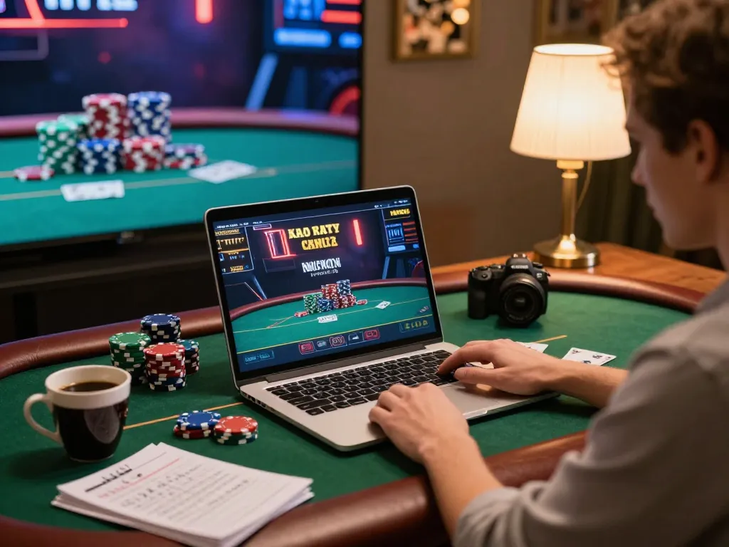 Person enjoying online poker from home showcasing Agen Resmi gaming excitement with chips and notes.