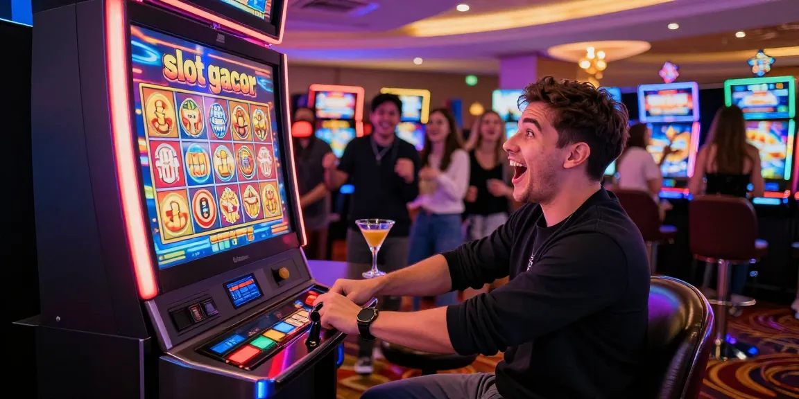 Excited player at the slot gacor machine celebrating a win in a lively casino atmosphere.