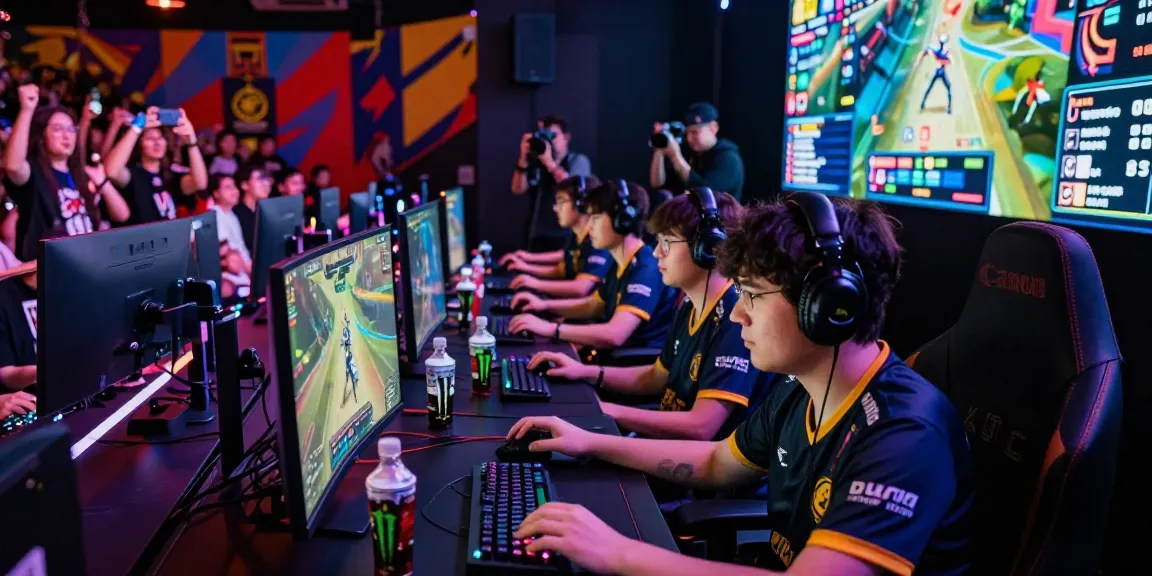 Gamer tim ligagalaxy berkompetisi di arena esports dengan suasana yang energik.