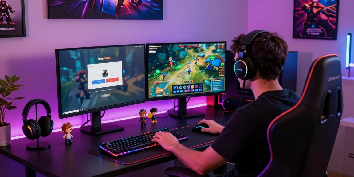 Gamer focused on tempototo login screen in vibrant gaming setup.
